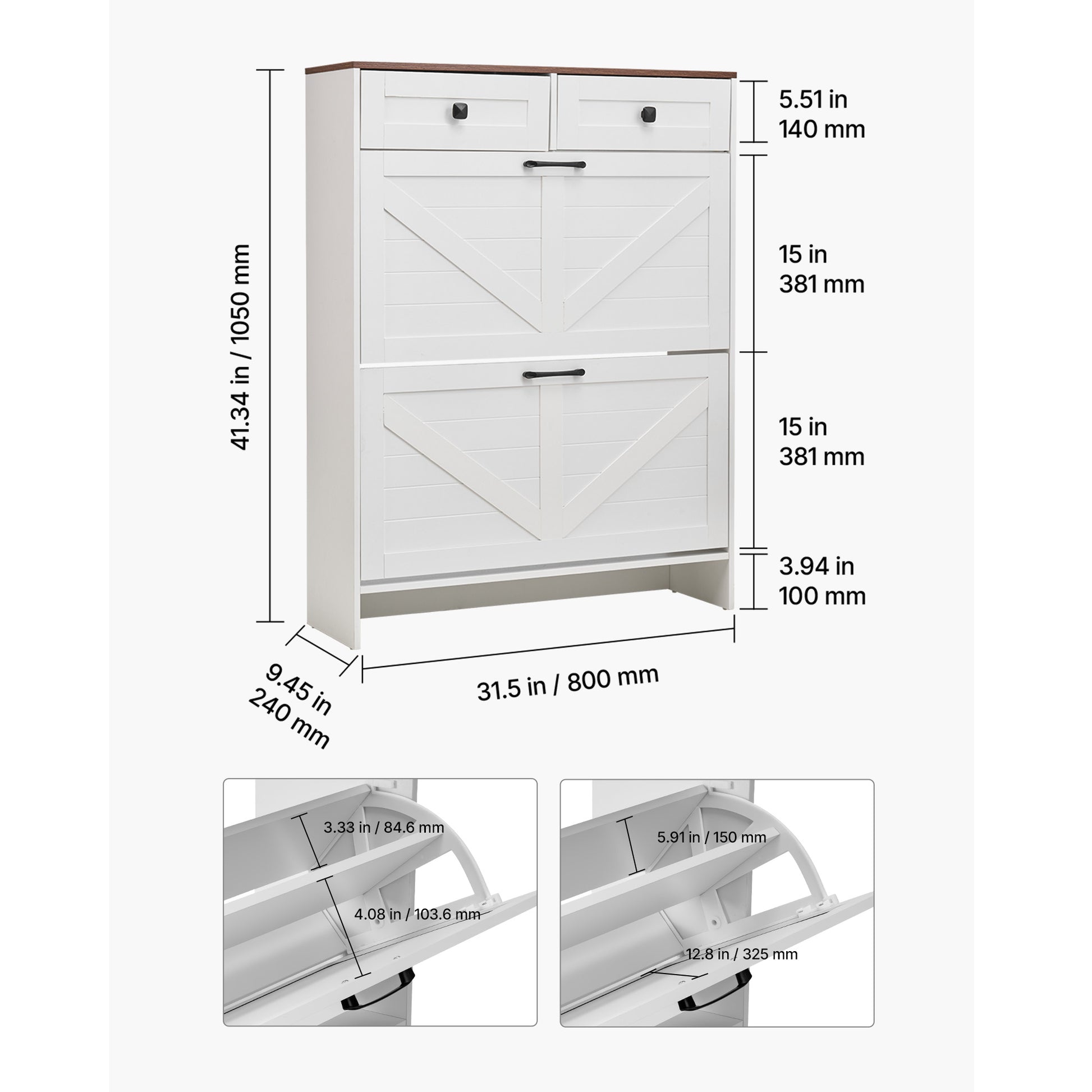 White+Walnut Farmhouse Shoe Cabinet - 2 Drawers, Storage Organizer