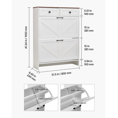 White+Walnut Farmhouse Shoe Cabinet - 2 Drawers, Storage Organizer