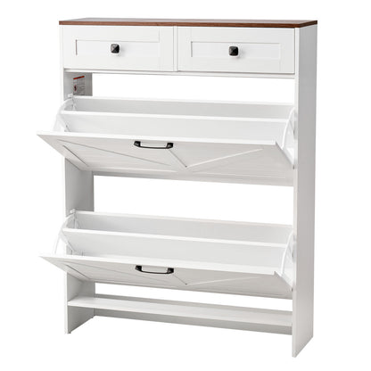 Shoe Cabinet with 2 Flip Drawers, Farmhouse Shoes Storage Cabinet with 2 Drawers and Anti-Tipping Device, Freestanding Shoe Organizer Ideal for Entryway, Hallway, Bedroom, Living Room, White
