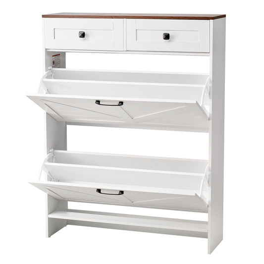 Shoe Cabinet with 2 Flip Drawers, Farmhouse Shoes Storage Cabinet with 2 Drawers and Anti-Tipping Device, Freestanding Shoe Organizer Ideal for Entryway, Hallway, Bedroom, Living Room, White