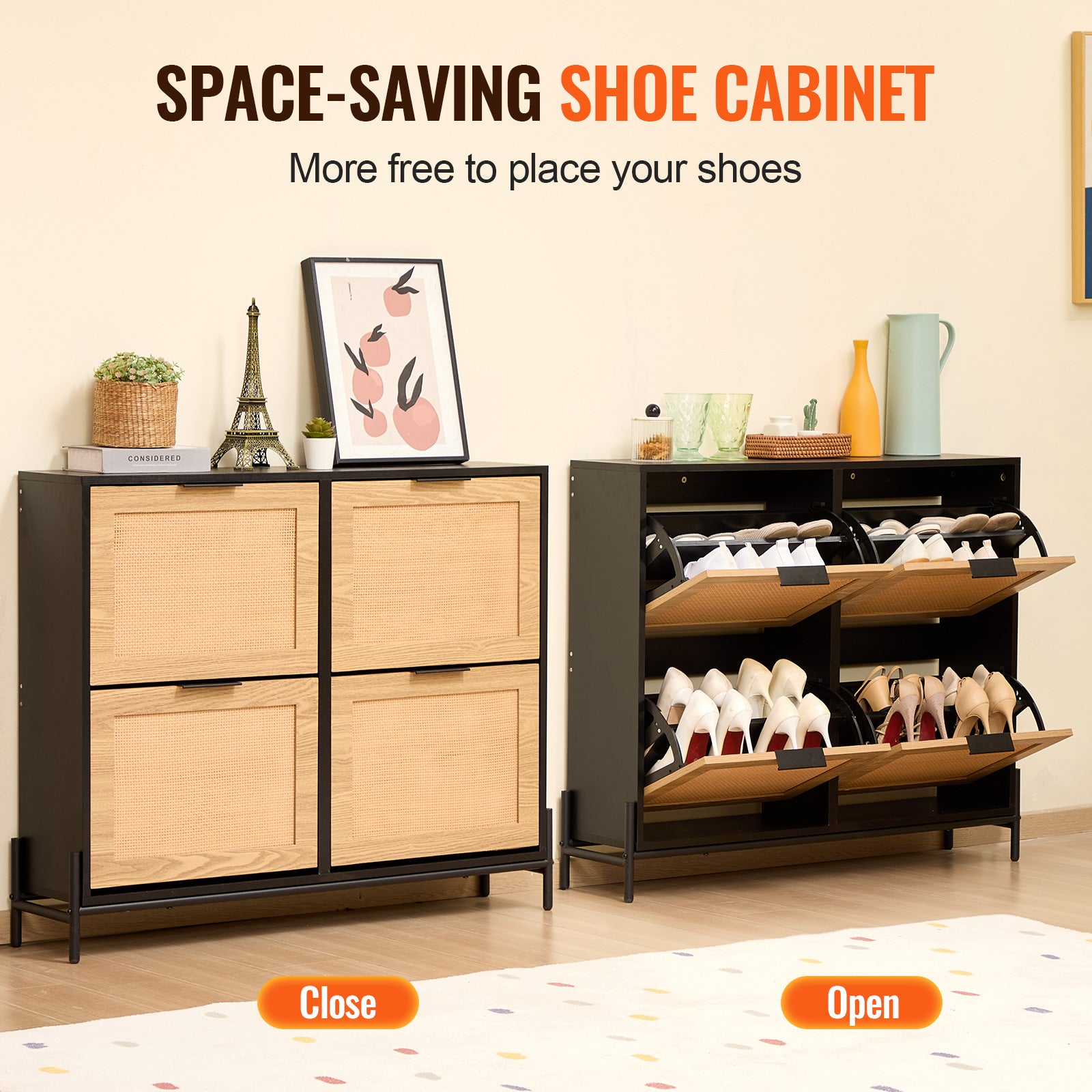 Black Rattan Shoe Cabinet - Narrow Storage Organizer for Living Room
