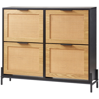 Black Rattan Shoe Cabinet - Narrow Storage Organizer for Living Room