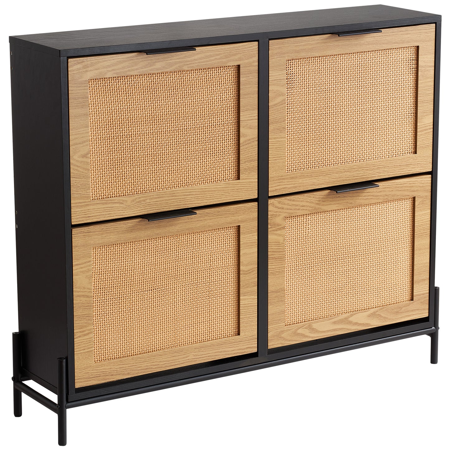 Black Rattan Shoe Cabinet - Narrow Storage Organizer for Living Room
