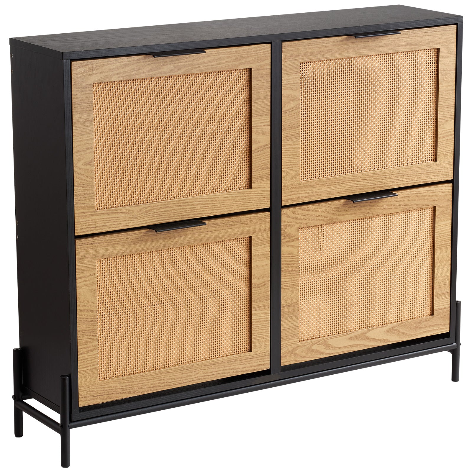 Black Rattan Shoe Cabinet - Narrow Storage Organizer for Living Room