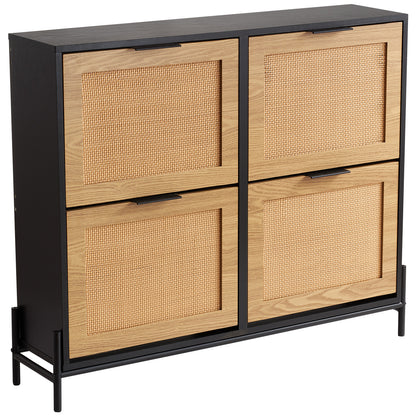 Black Rattan Shoe Cabinet - Narrow Storage Organizer for Living Room