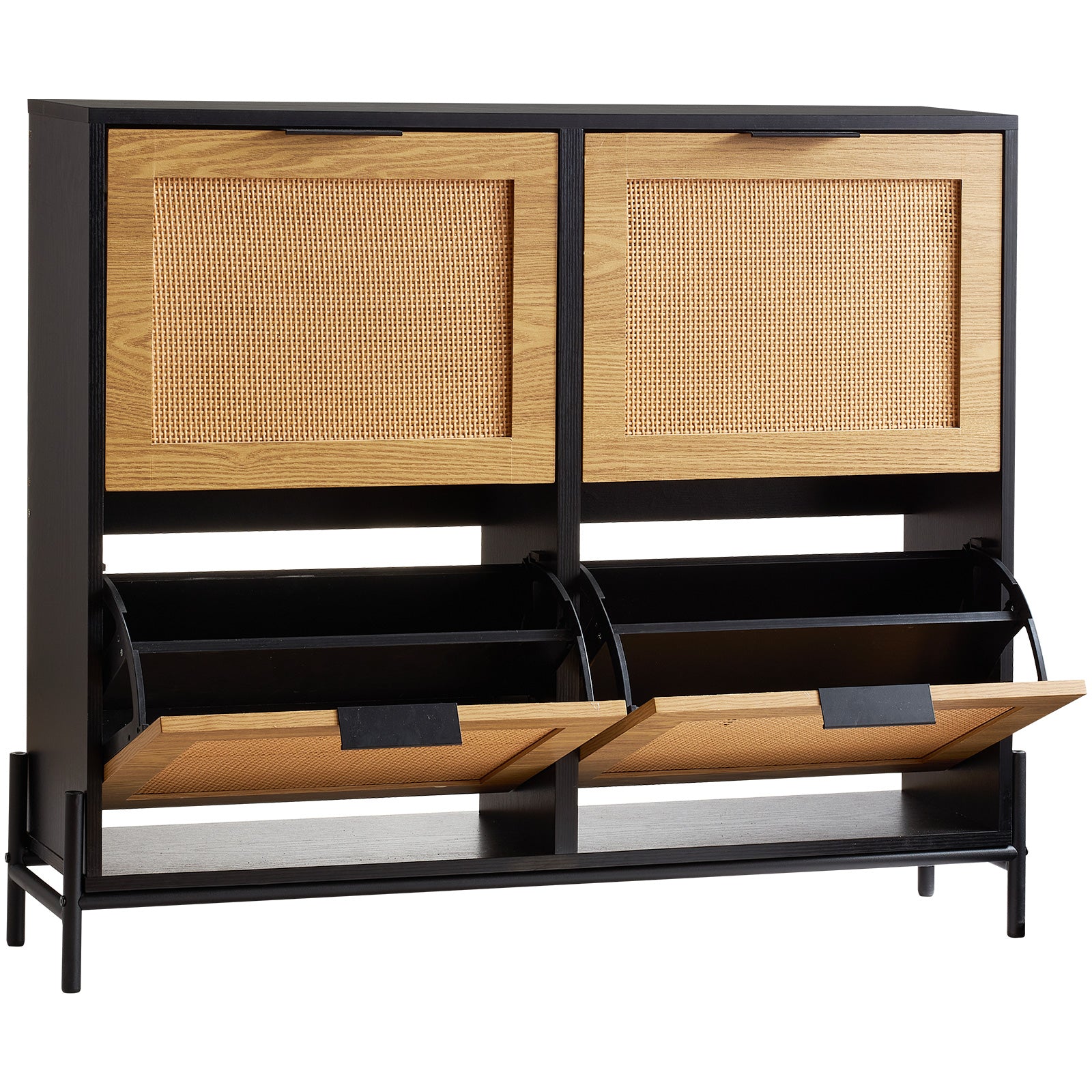 Rattan Shoe Cabinet, Narrow Shoe Storage Organizer with 4 Flip Drawers, Slim Shoe Entryway Storage Cabinet with Metal Legs, Ideal for Entryway, Closet, Hallway, Light Wood Color