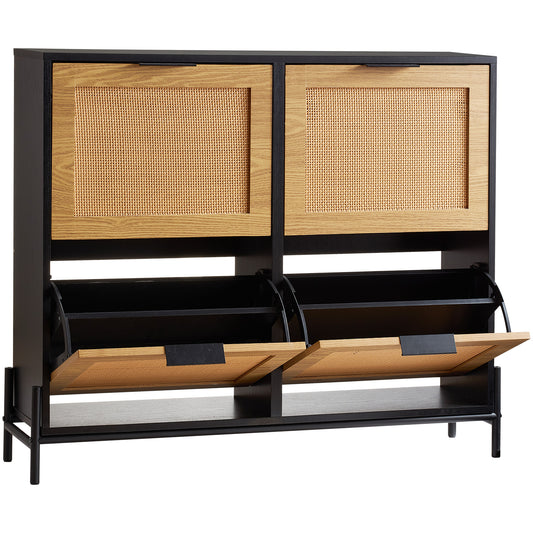 Rattan Shoe Cabinet, Narrow Shoe Storage Organizer with 4 Flip Drawers, Slim Shoe Entryway Storage Cabinet with Metal Legs, Ideal for Entryway, Closet, Hallway, Light Wood Color