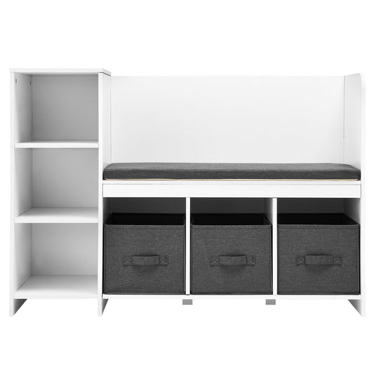 Kids Reading Nook Bench, Toddler Bookshelf and Bookcase with Detachable Seat Cushion, 6-Cubby Storage Organizer Bench with 3 Drawers, Ideal for Playroom, Bedroom, Living Room or Entryway, White
