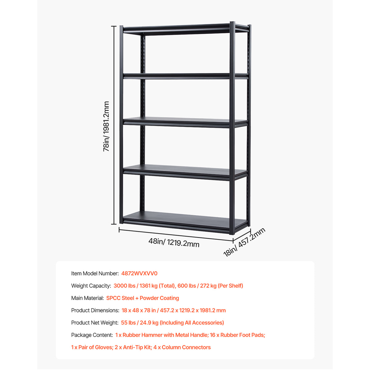 Tall Carbon Steel Garage Shelving Unit - 5 Tier