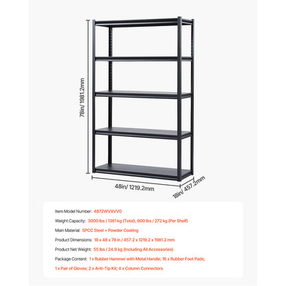 Tall Carbon Steel Garage Shelving Unit - 5 Tier