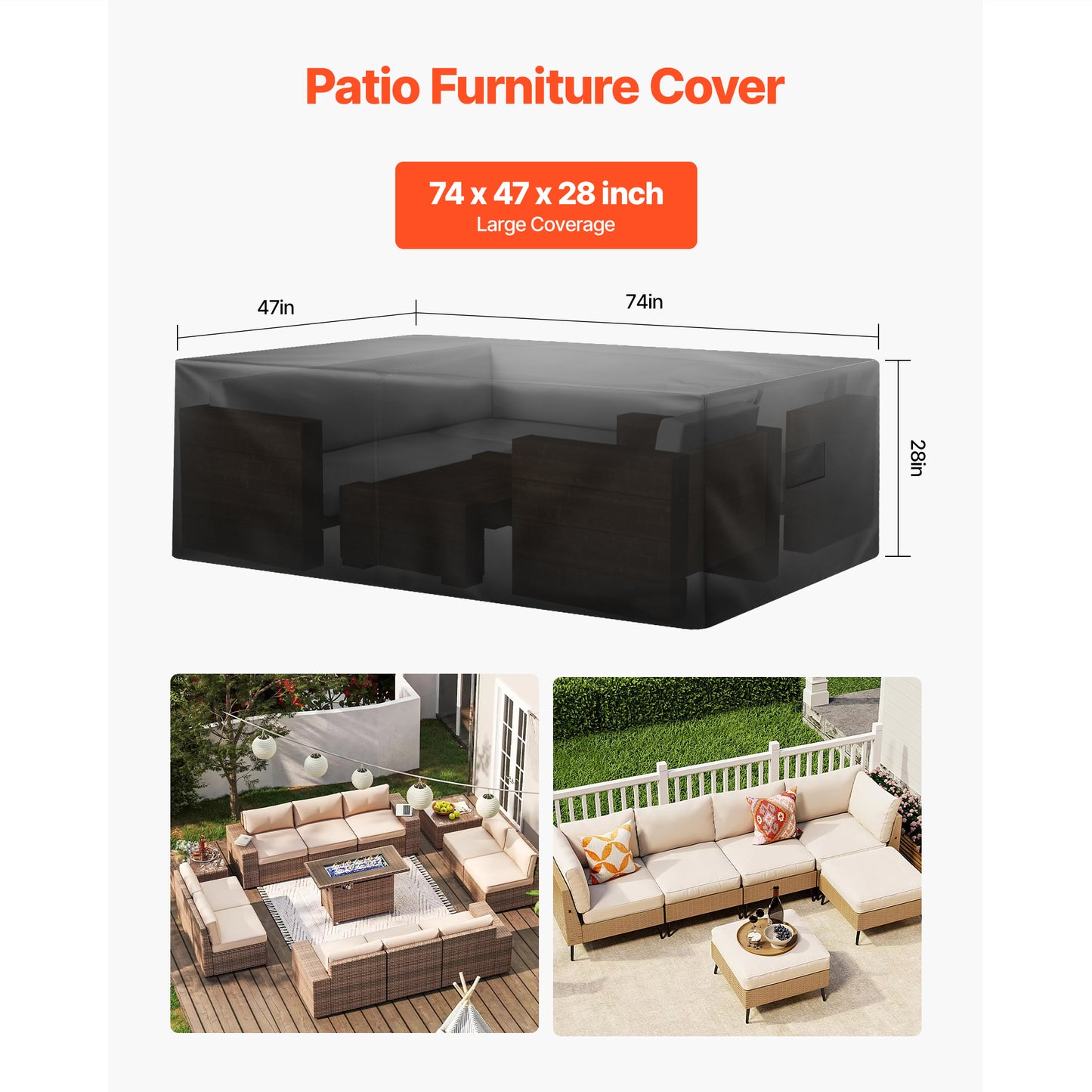 Black Oxford Fabric Patio Furniture Cover 74" Waterproof
