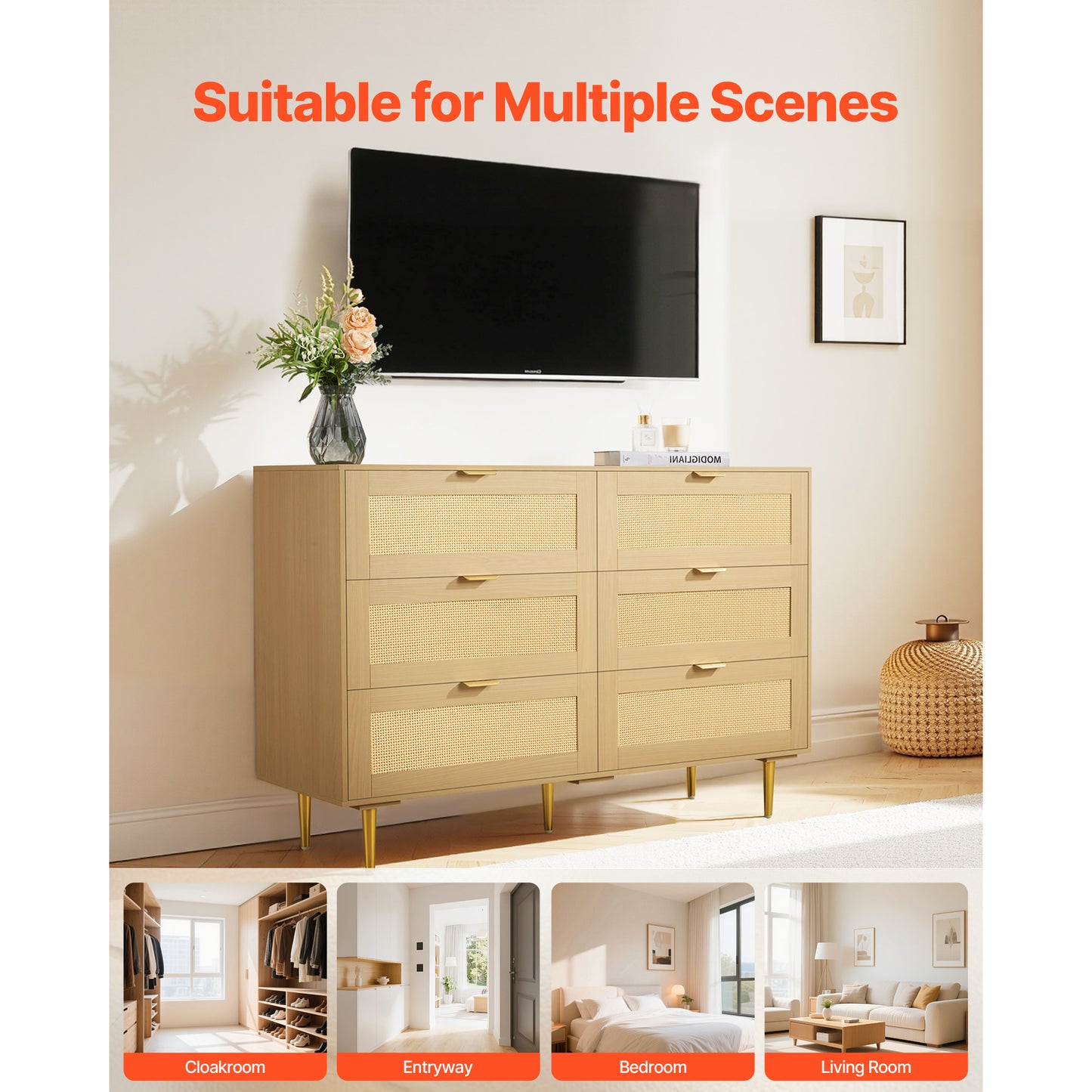 6 Drawer Rattan Dresser for Bedroom - Wood