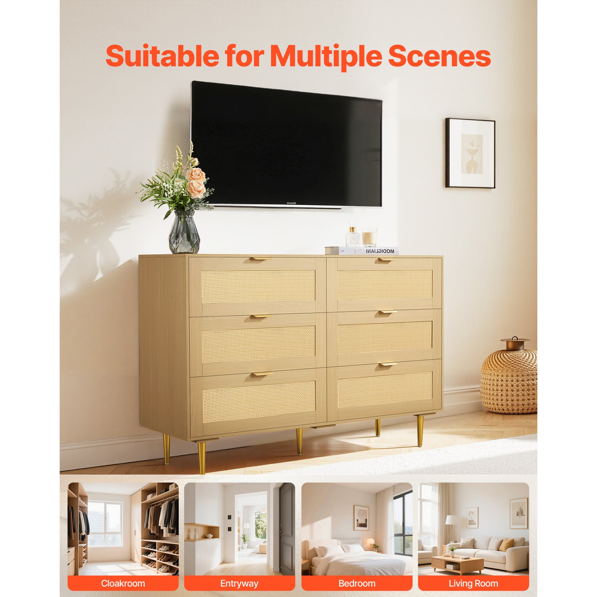 6 Drawer Rattan Dresser for Bedroom - Wood