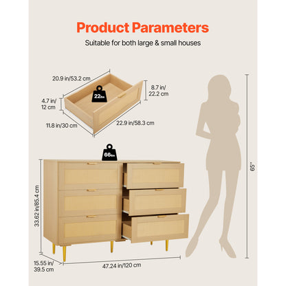6 Drawer Rattan Dresser for Bedroom - Wood