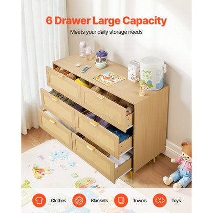 6 Drawer Rattan Dresser for Bedroom - Wood