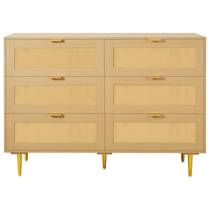 6 Drawer Rattan Dresser, Double Dresser for Bedroom, Natural Rattan Chest of Drawers with Metal Handles & Legs, Modern Wood Chest Clothing Organizer & Storage for Bedroom, Living Room, Hallway