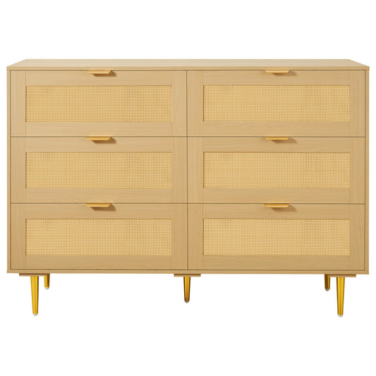 6 Drawer Rattan Dresser, Double Dresser for Bedroom, Natural Rattan Chest of Drawers with Metal Handles & Legs, Modern Wood Chest Clothing Organizer & Storage for Bedroom, Living Room, Hallway