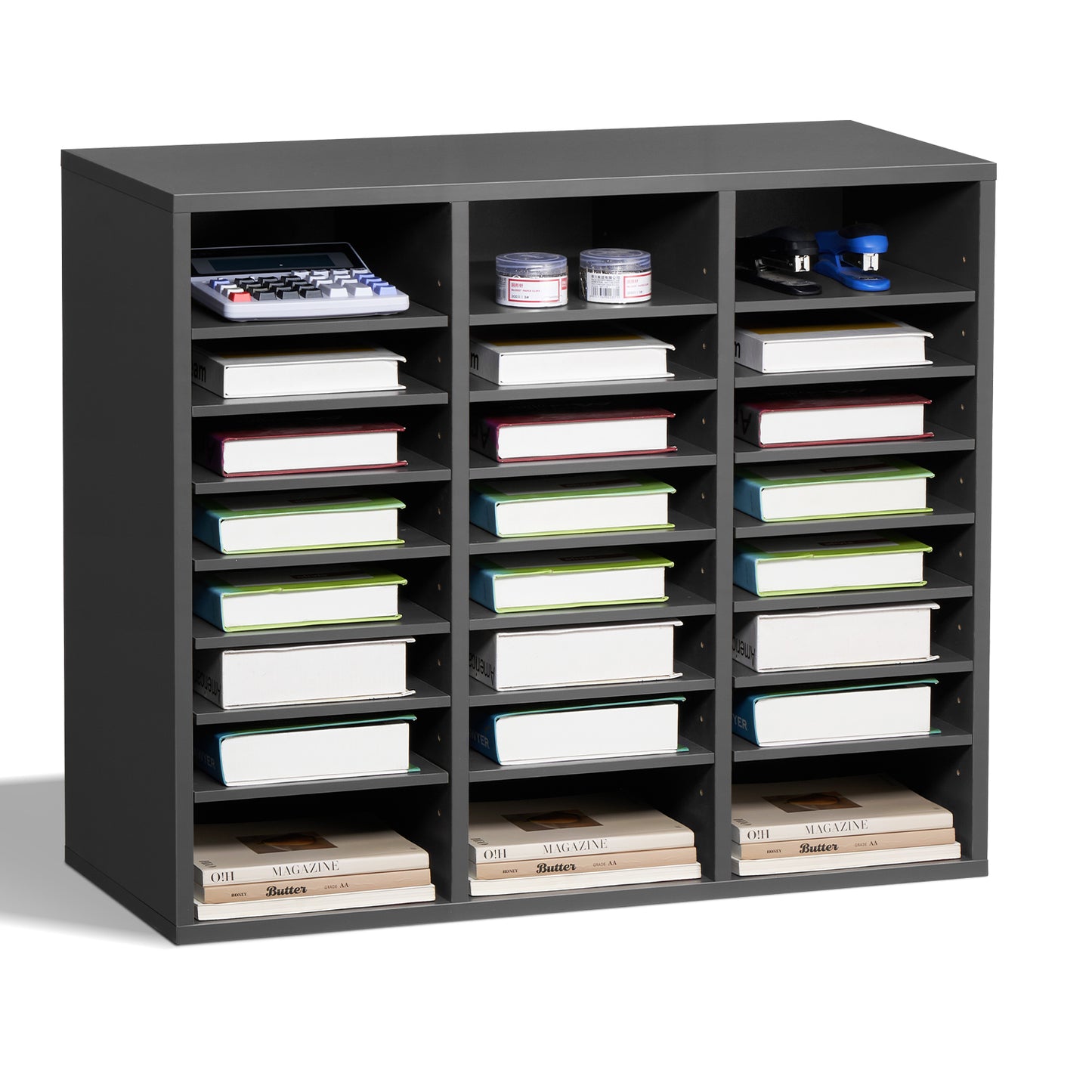 Literature Organizer, 24 Compartments Office Mailbox with Adjustable Shelves, Wooden Mailbox Sorter Medium Density Fiberboard Office Home Classroom Storage for Files, Documents, Papers, Grey