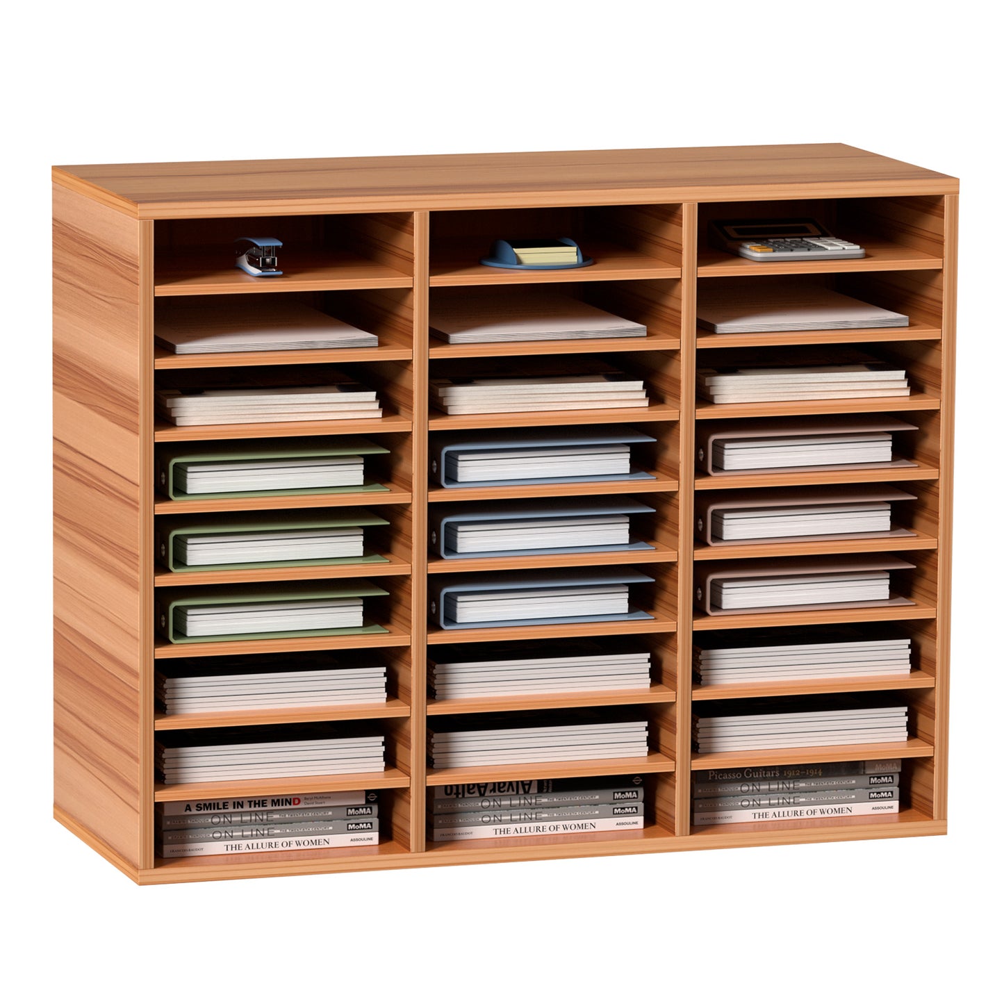 27 Compartments Wood Literature Organizer, Adjustable Shelves, Medium Density Fiberboard Mail Center, Office Home School Storage for Files, Documents, Papers, Magazines, Oak