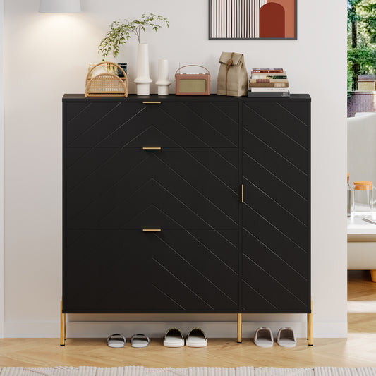 MDF Shoe Storage Cabinet with Flip-up Drawers and Shelves(Black)