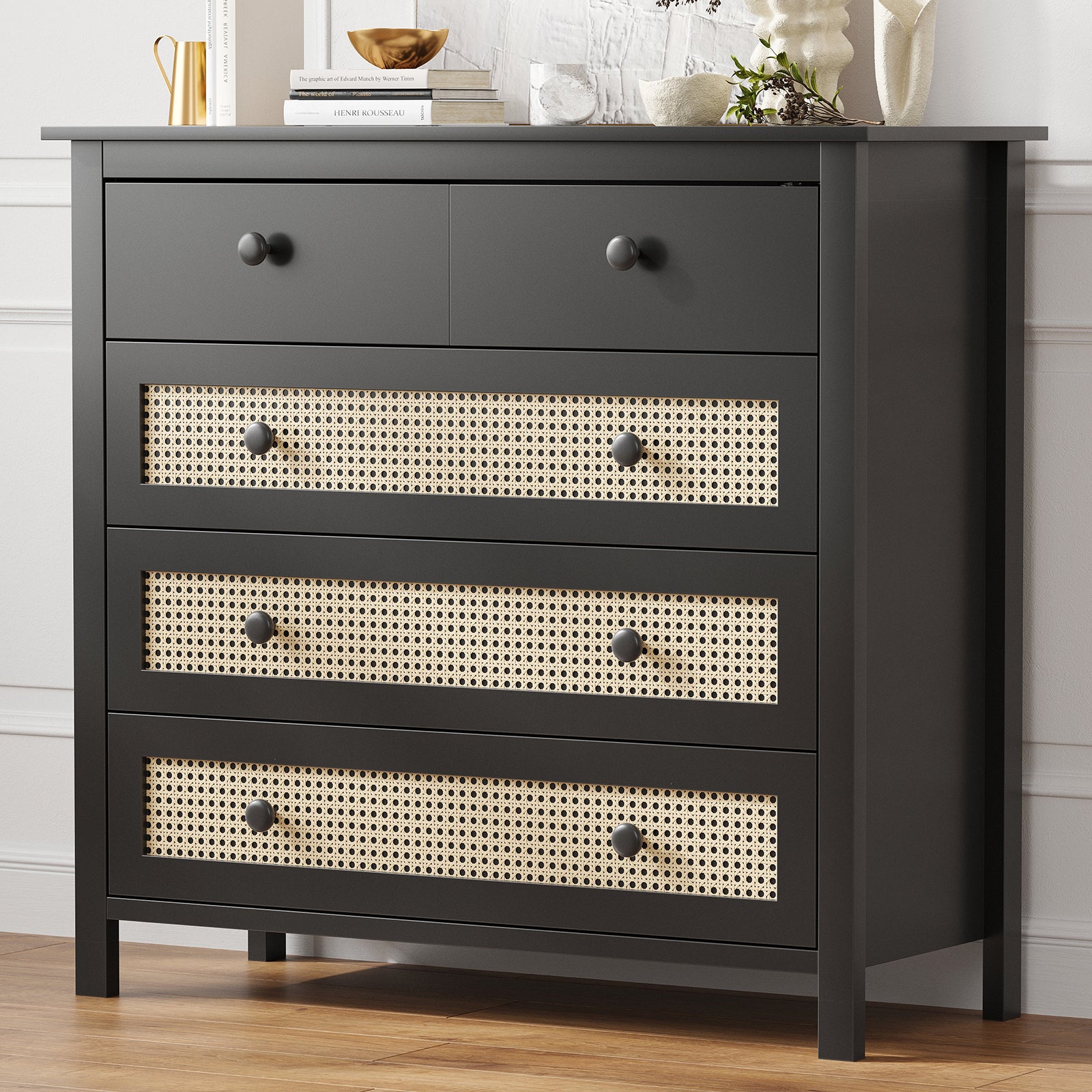 Small Black Rattan Buffet Cabinet - Kitchen Storage