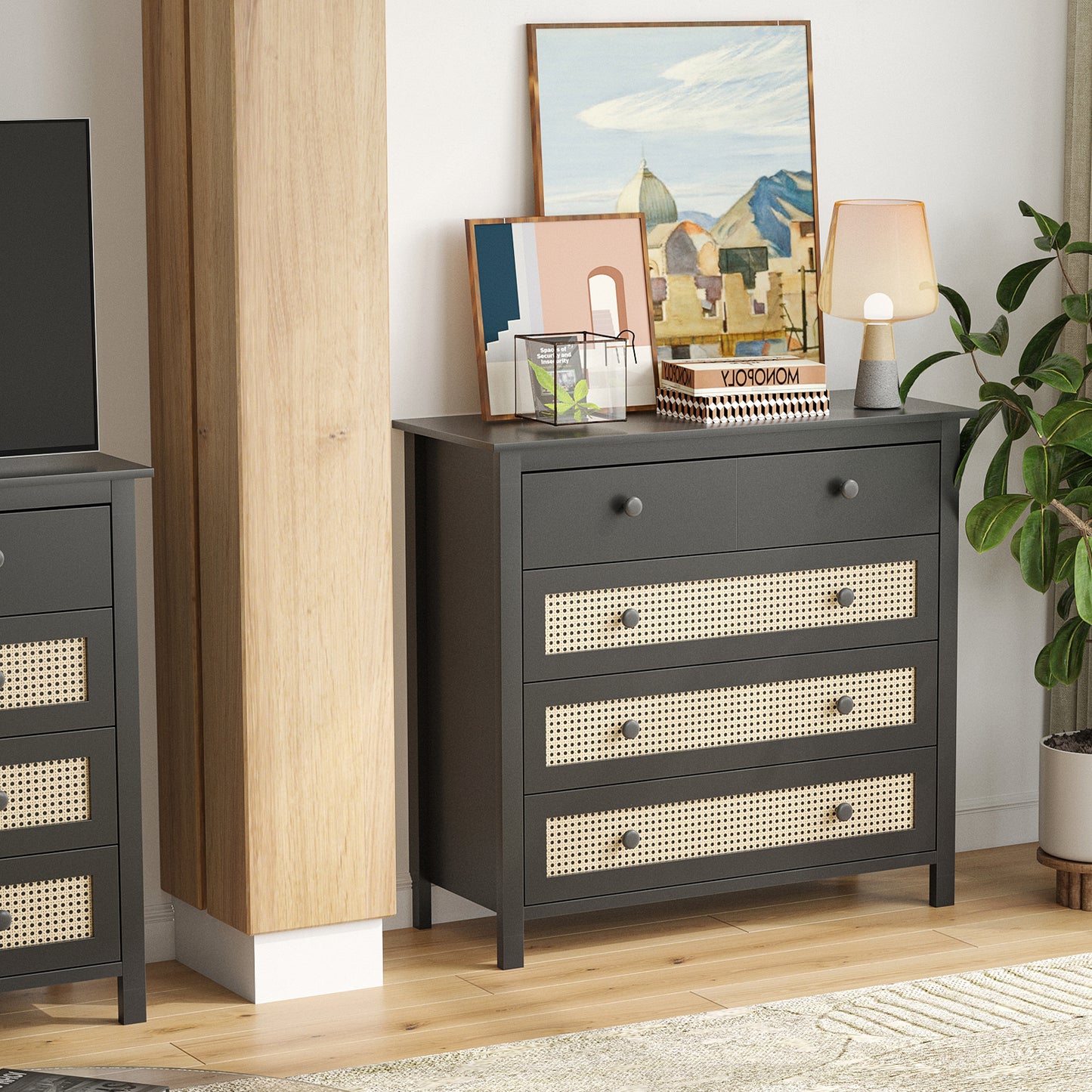 Small Black Rattan Buffet Cabinet - Kitchen Storage