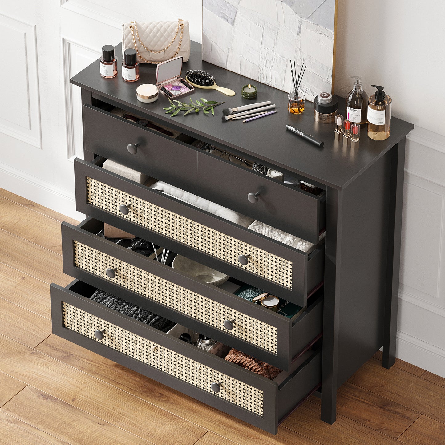 Small Black Rattan Buffet Cabinet - Kitchen Storage