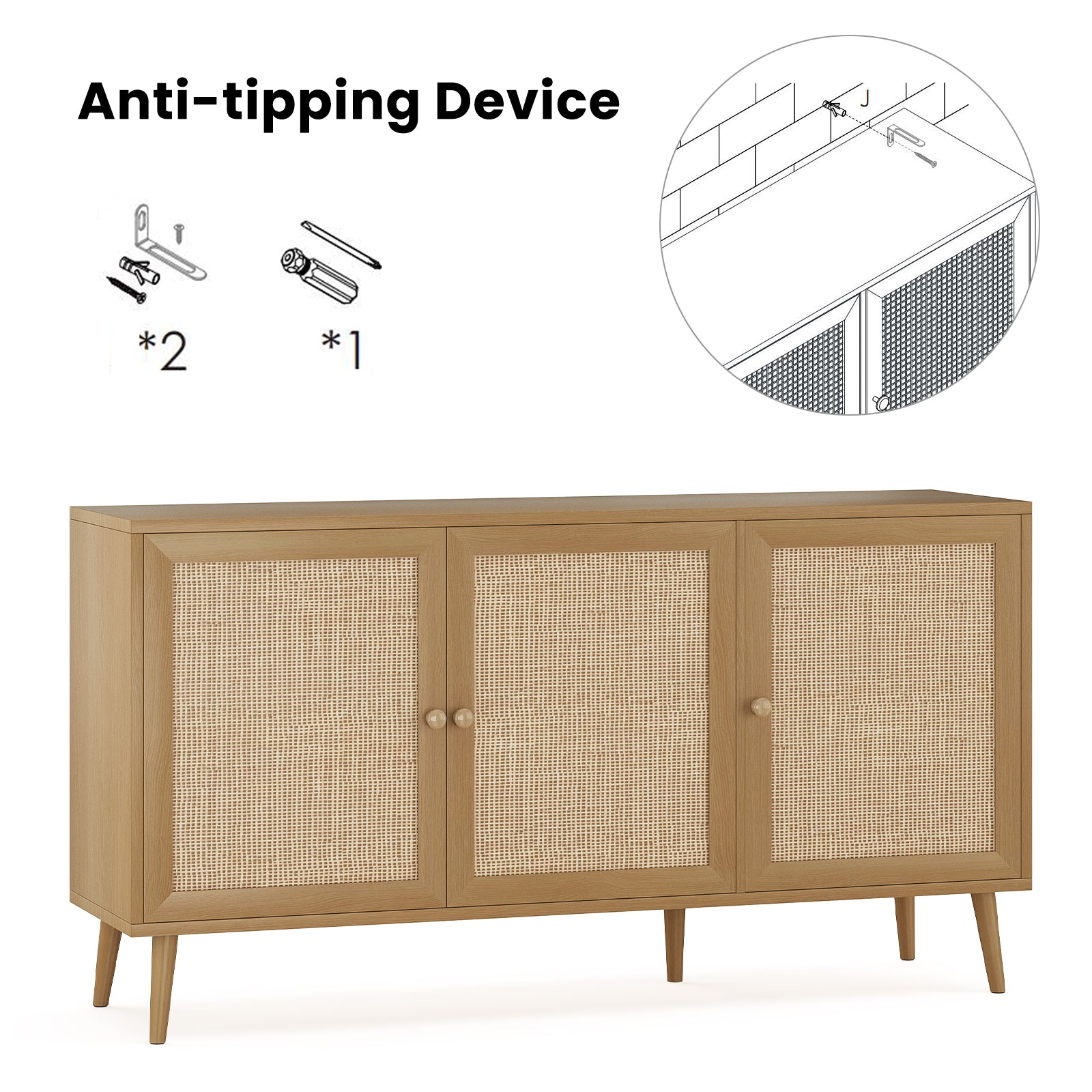 Sideboard Buffet Cabinet - Natural Rattan Storage Console