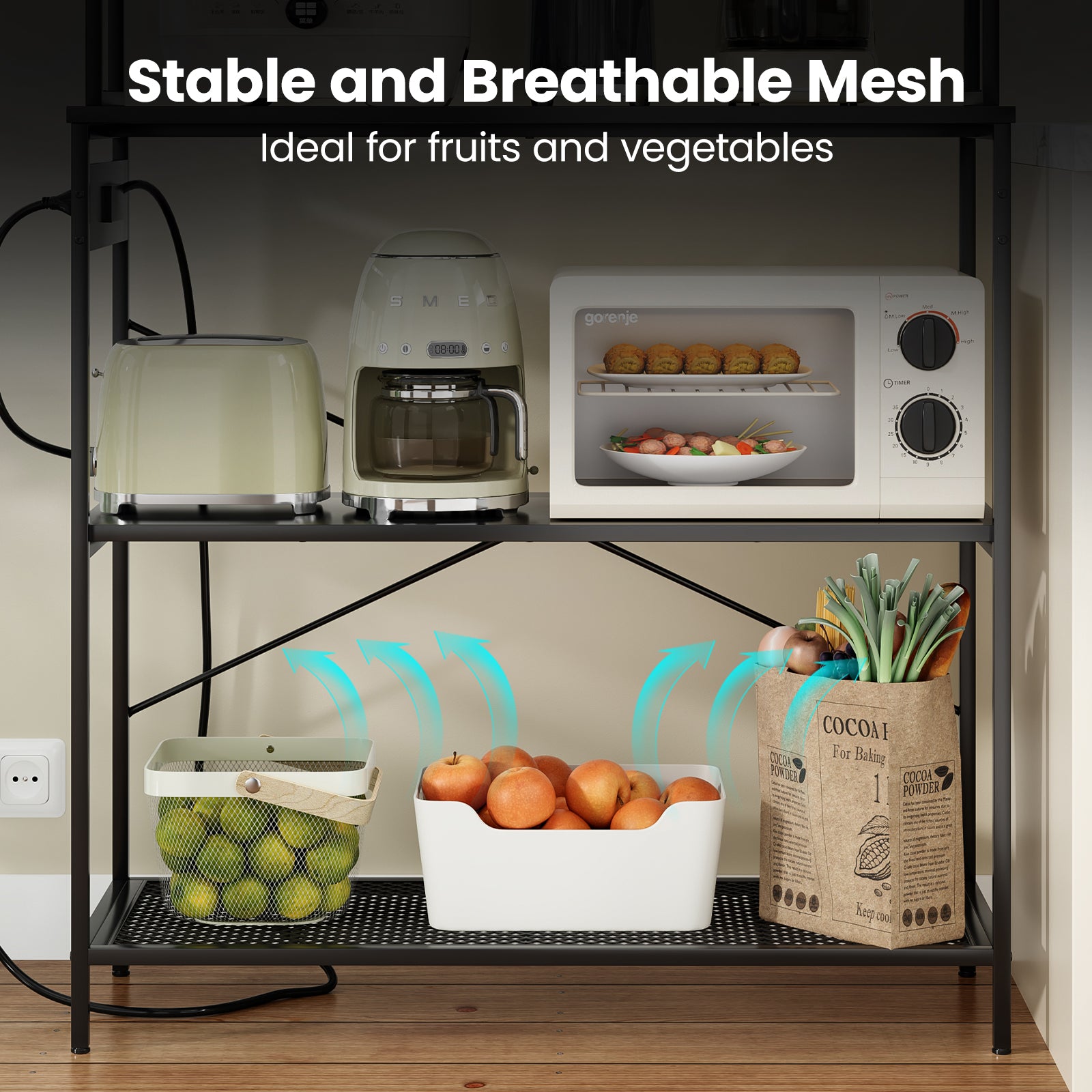 5-Tier Black Kitchen Storage Rack - Microwave Stand & Coffee Bar