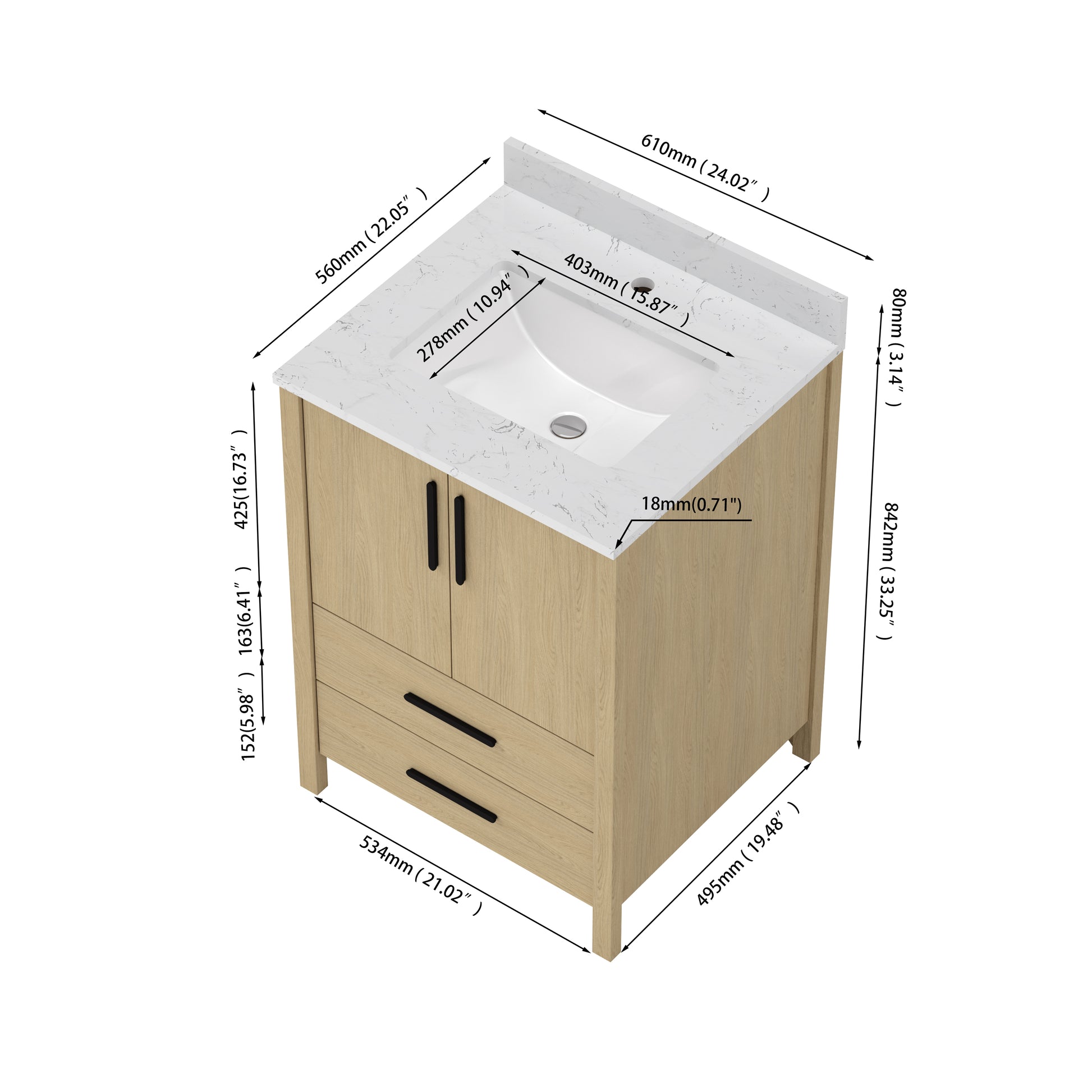 24" Bathroom Vanity Cabinet - Natural Wood Storage