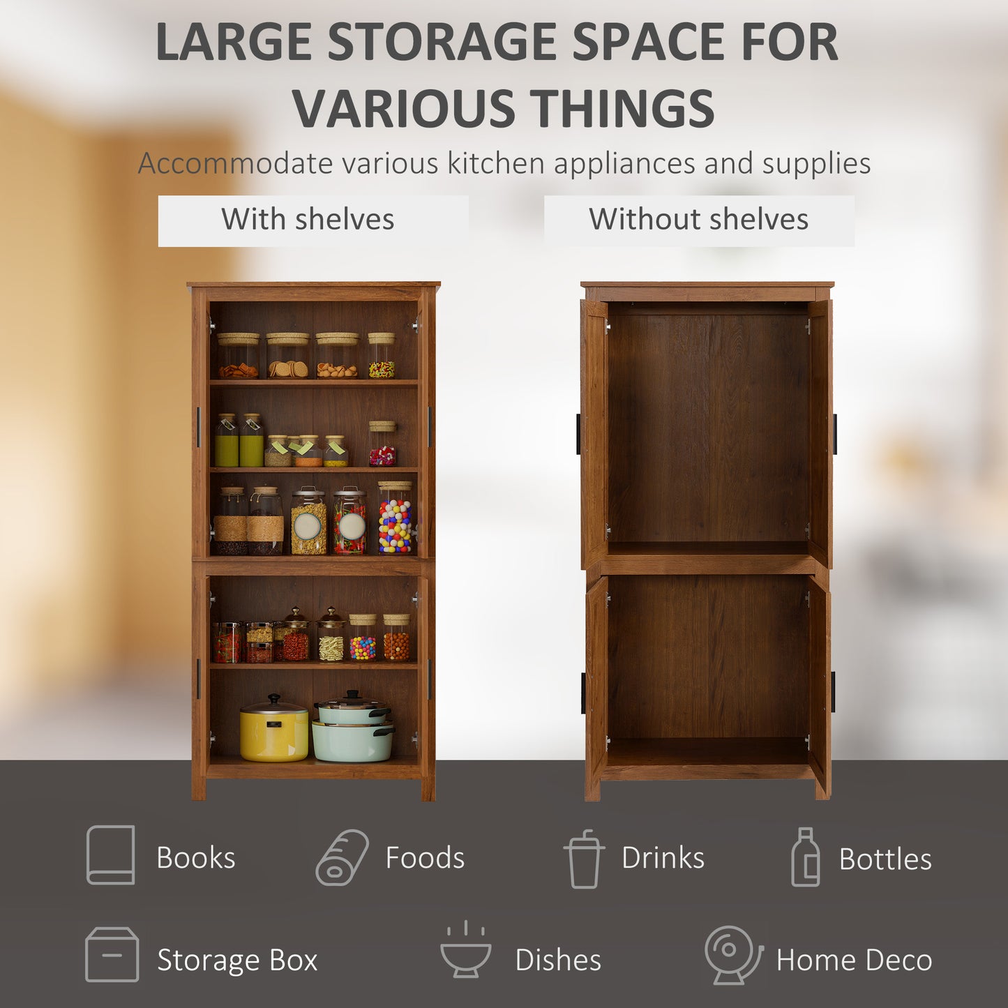 Oak Kitchen Pantry Cabinet - 5 Tier Adjustable Shelves for Living Room
