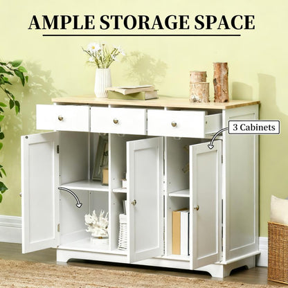 White Buffet Cabinet with Adjustable Shelves & Storage Drawers