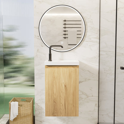 16-Inch Floating Bathroom Vanity with Sink, Pre-assembled, Natural Oak Smooth Front, Multi-Layer Solid Wood, Wall-Mounted, White Stone Top