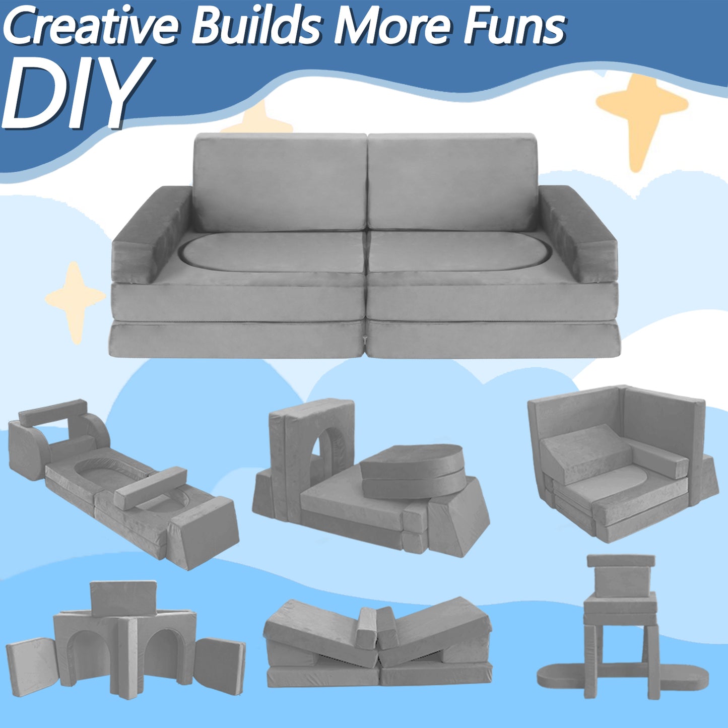 10-Piece Modular Kids Play Couch - Light Gray Foam