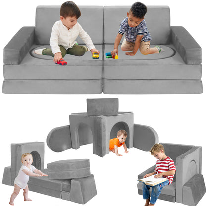 10 PCS Modular Kids Play Couch, DIY Convertible Foam Play Sofa, Multifunctional Floor Cushion, Creative Imaginative Play Fort Furniture for Boys Girls Playroom Bedroom