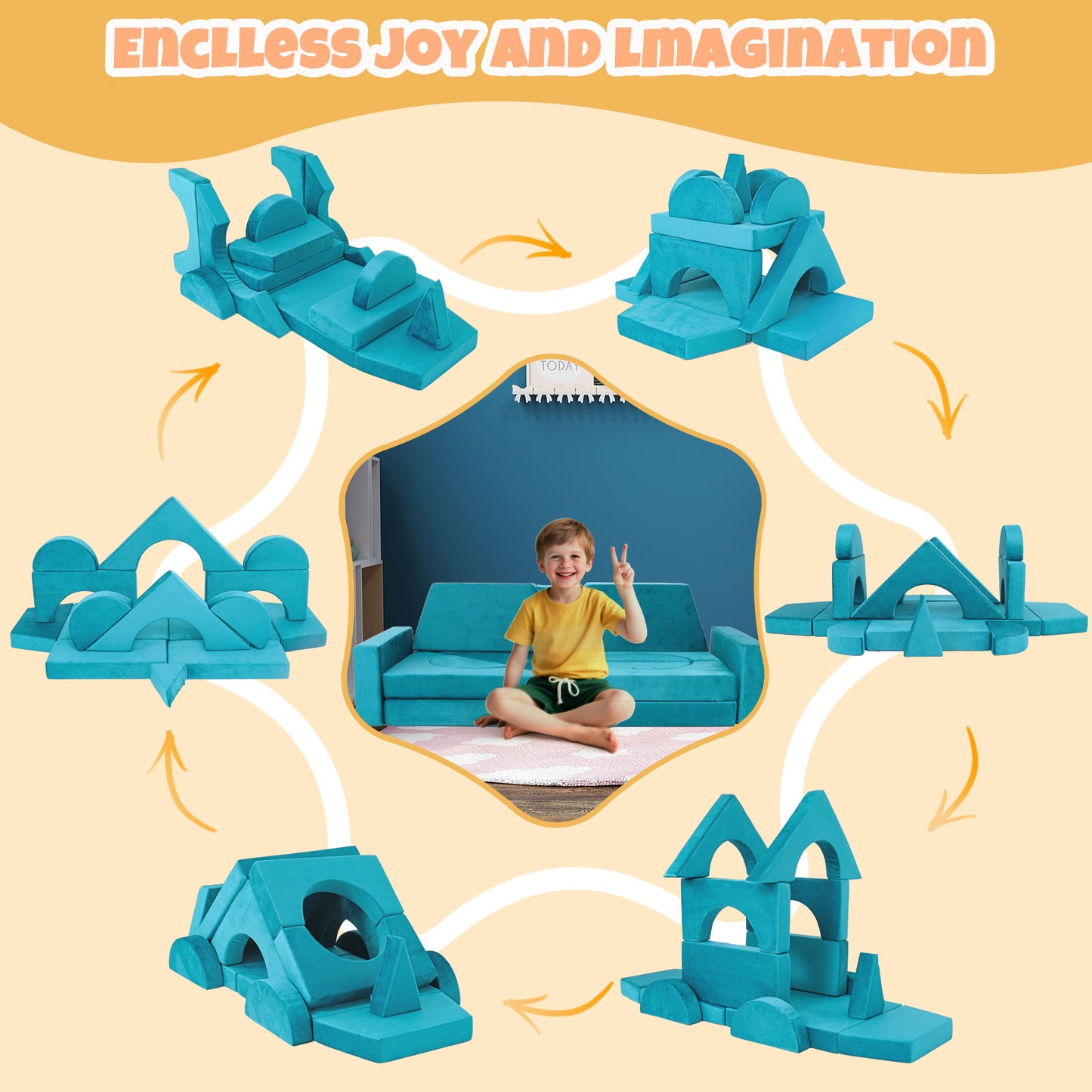 Cyan Foam Kids Play Couch - Modular Convertible Sofa