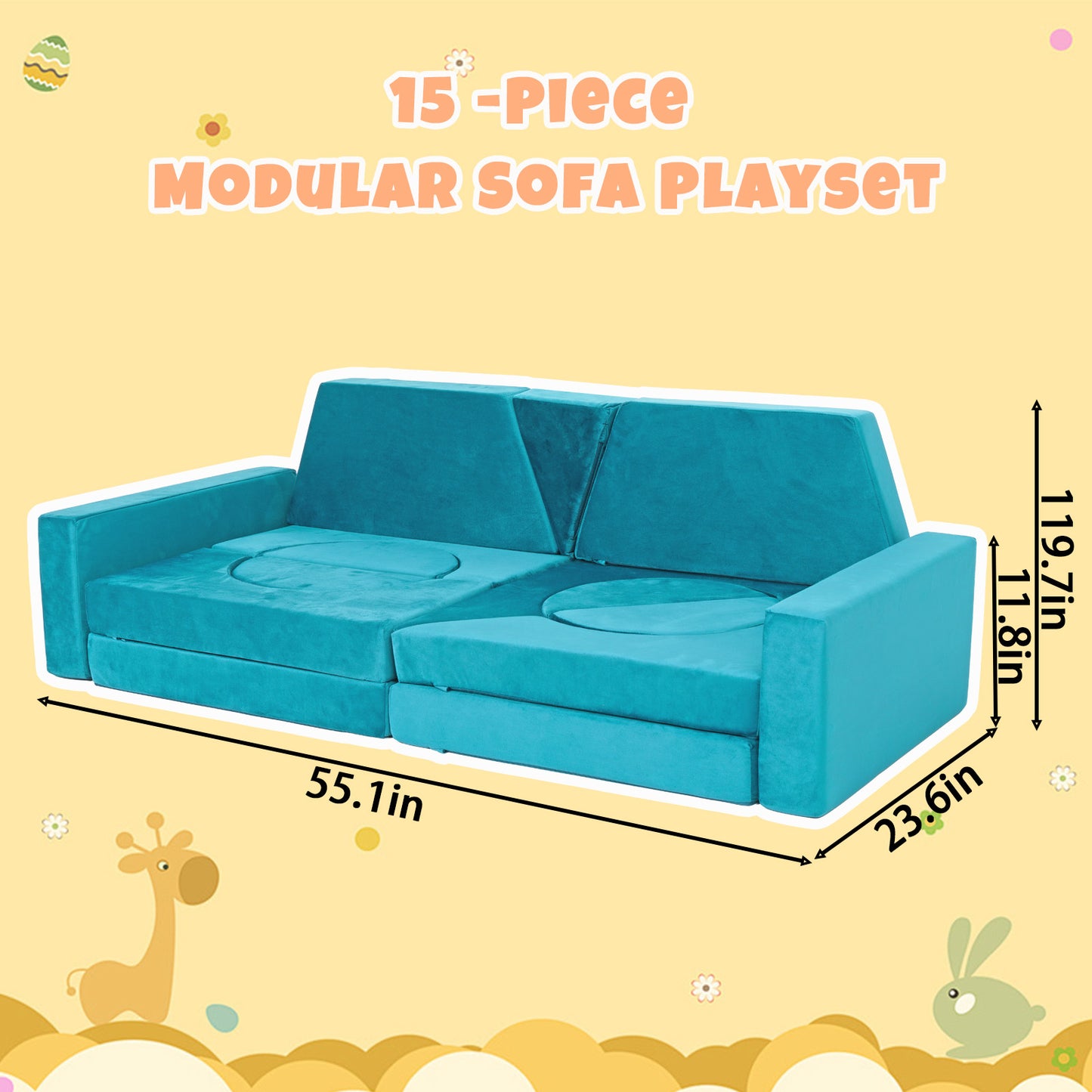 Cyan Foam Kids Play Couch - Modular Convertible Sofa