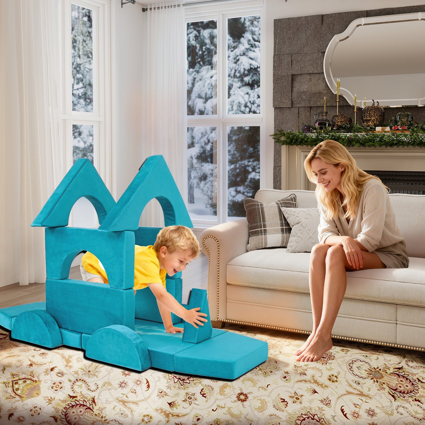 Cyan Foam Kids Play Couch - Modular Convertible Sofa
