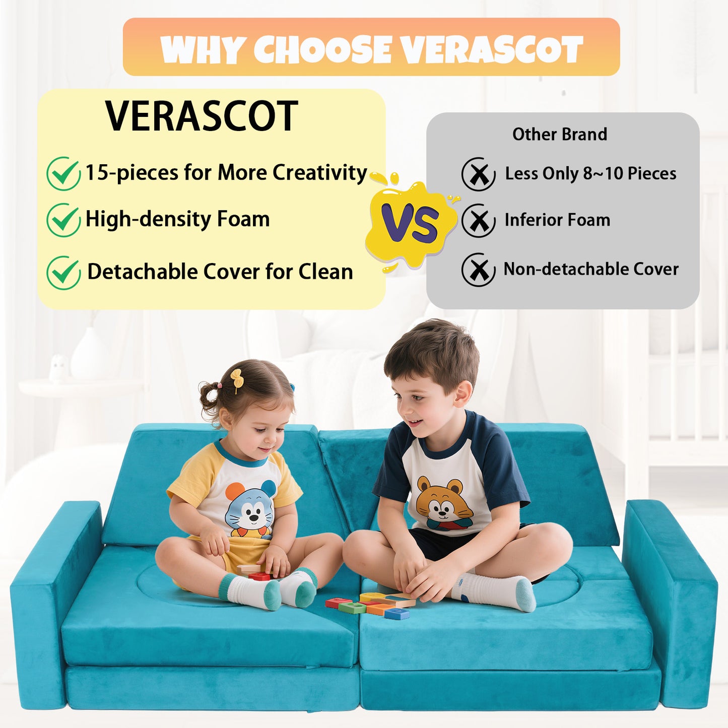Cyan Foam Kids Play Couch - Modular Convertible Sofa