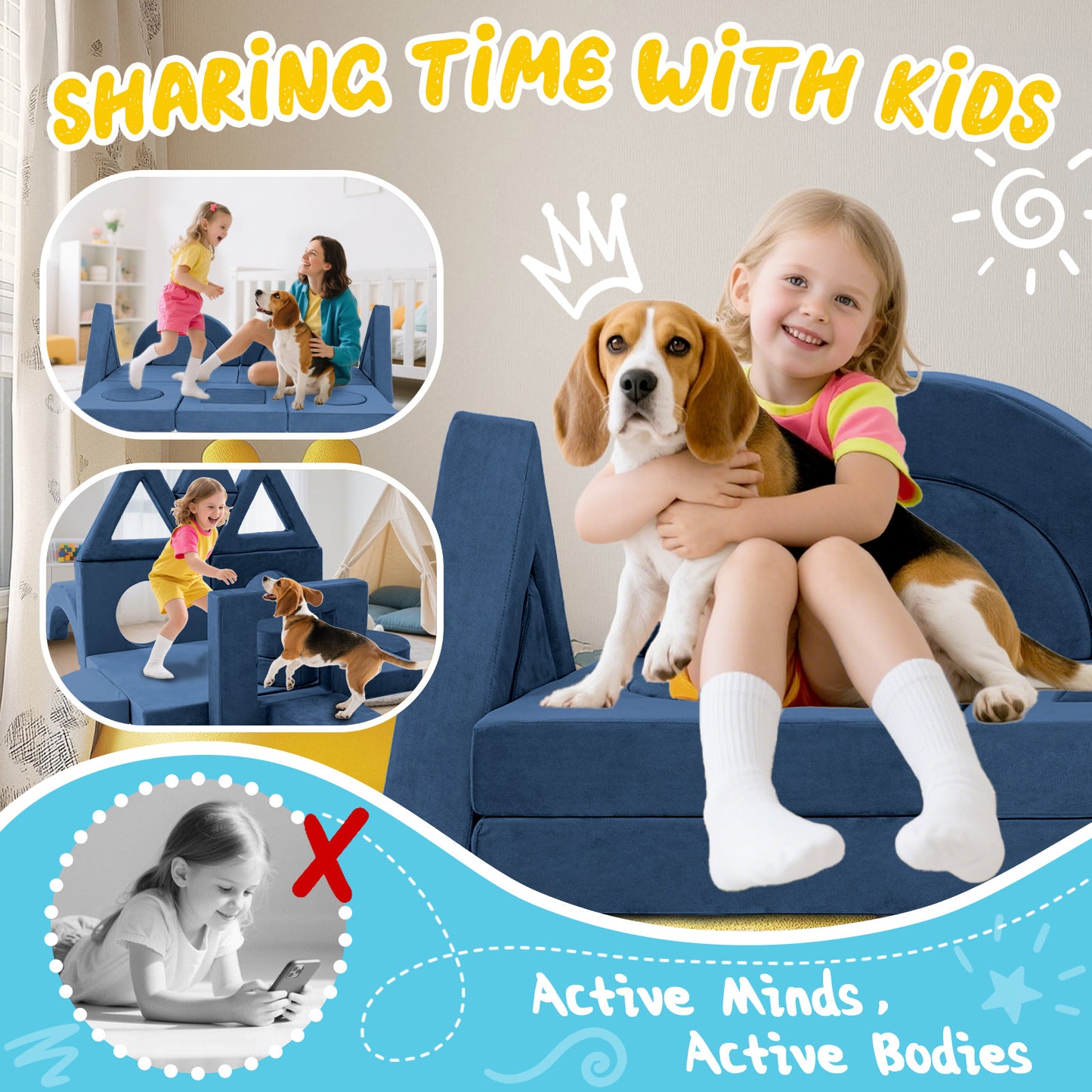 Blue Foam Kids Play Couch - 16 Piece Modular Sofa Set