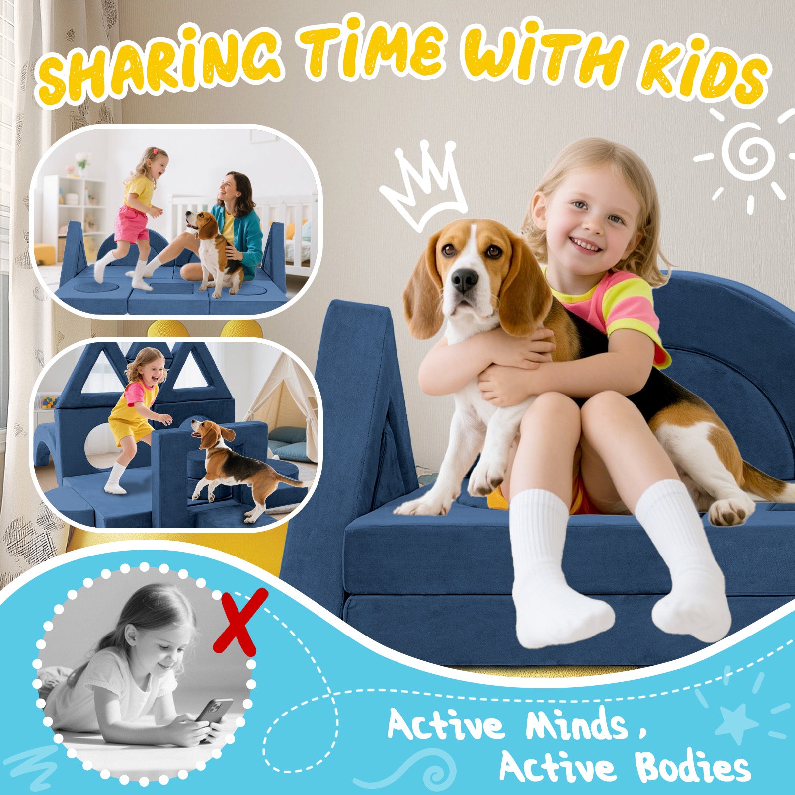 Blue Foam Kids Play Couch - 16 Piece Modular Sofa Set