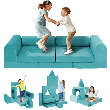 11PCS DIY Convertible Modular Foam Kids Play Couch | Toddler Sectional Folding Play Fort Sofa for Indoor Play Area