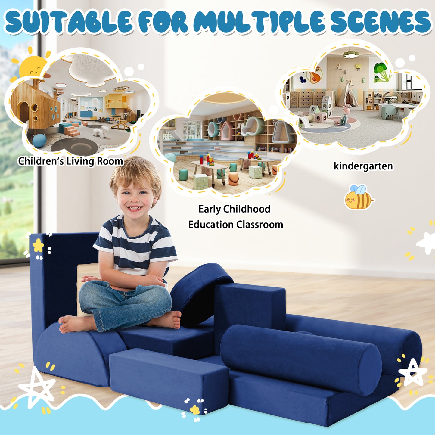 Blue Foam Play Couch for Kids - Modular & Convertible