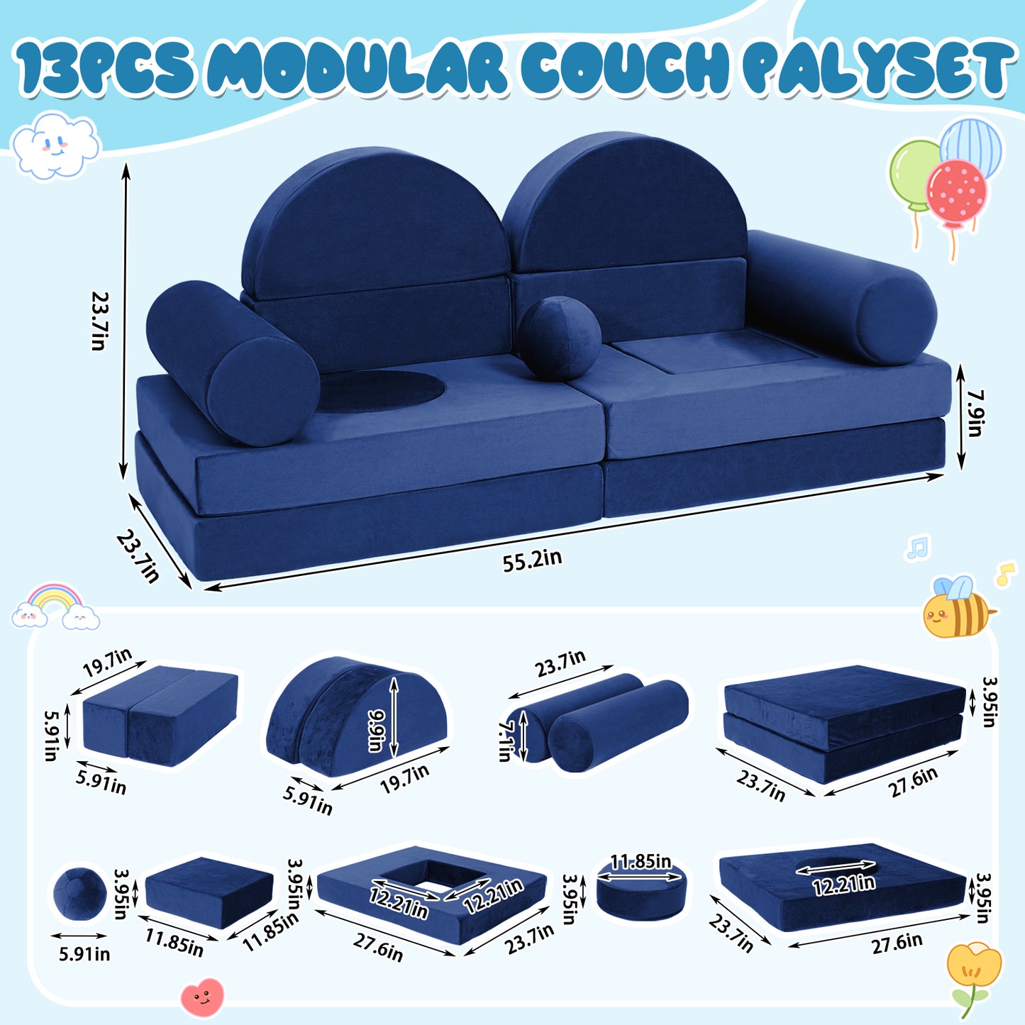 Blue Foam Play Couch for Kids - Modular & Convertible