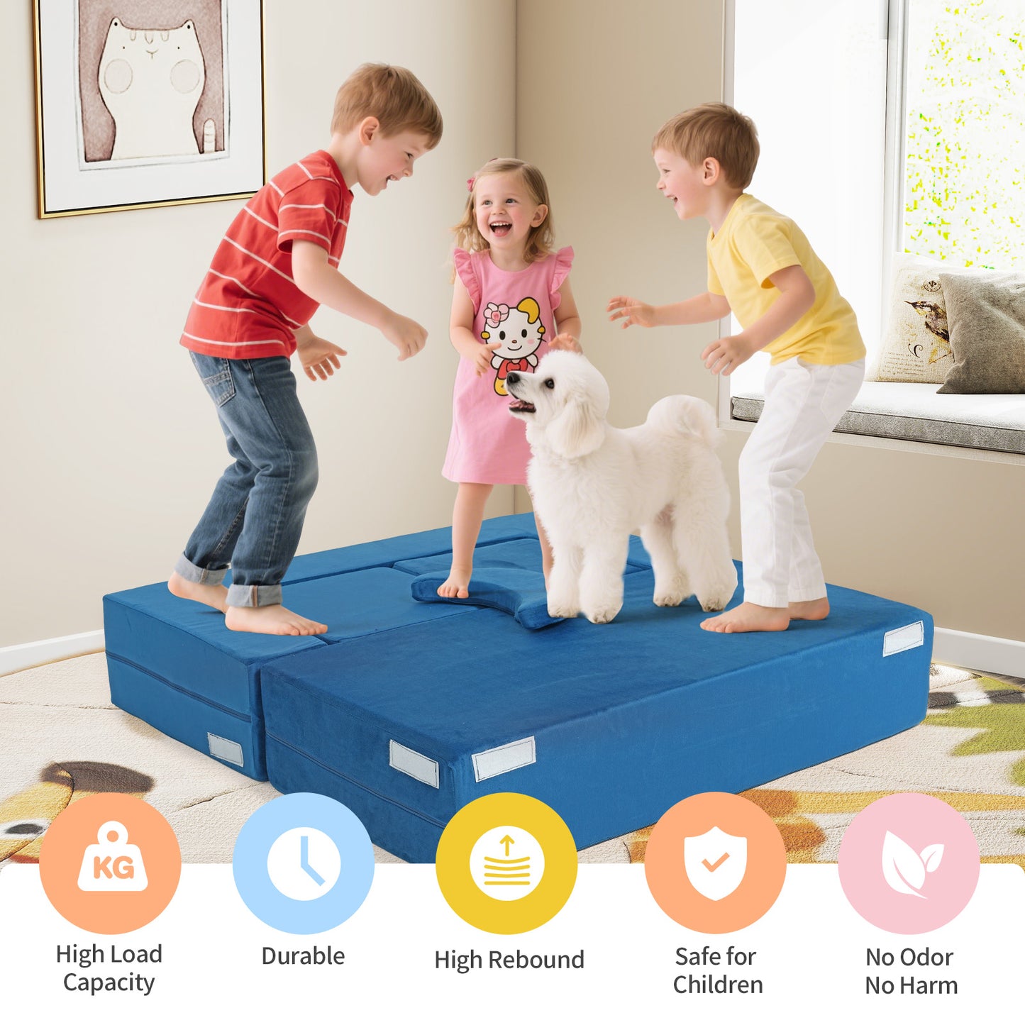 Blue Foam Play Couch - Foldable Toddler Sofa for Kids