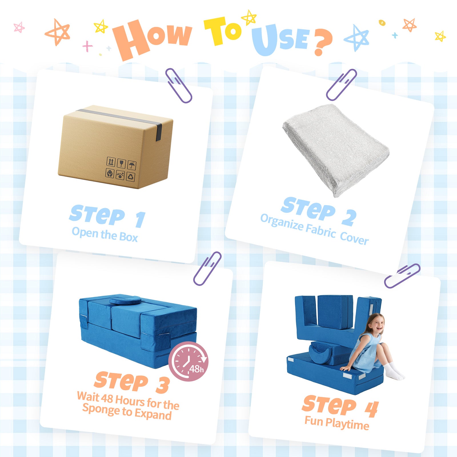 Blue Foam Play Couch - Foldable Toddler Sofa for Kids