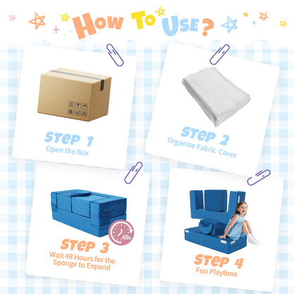 Blue Foam Play Couch - Foldable Toddler Sofa for Kids