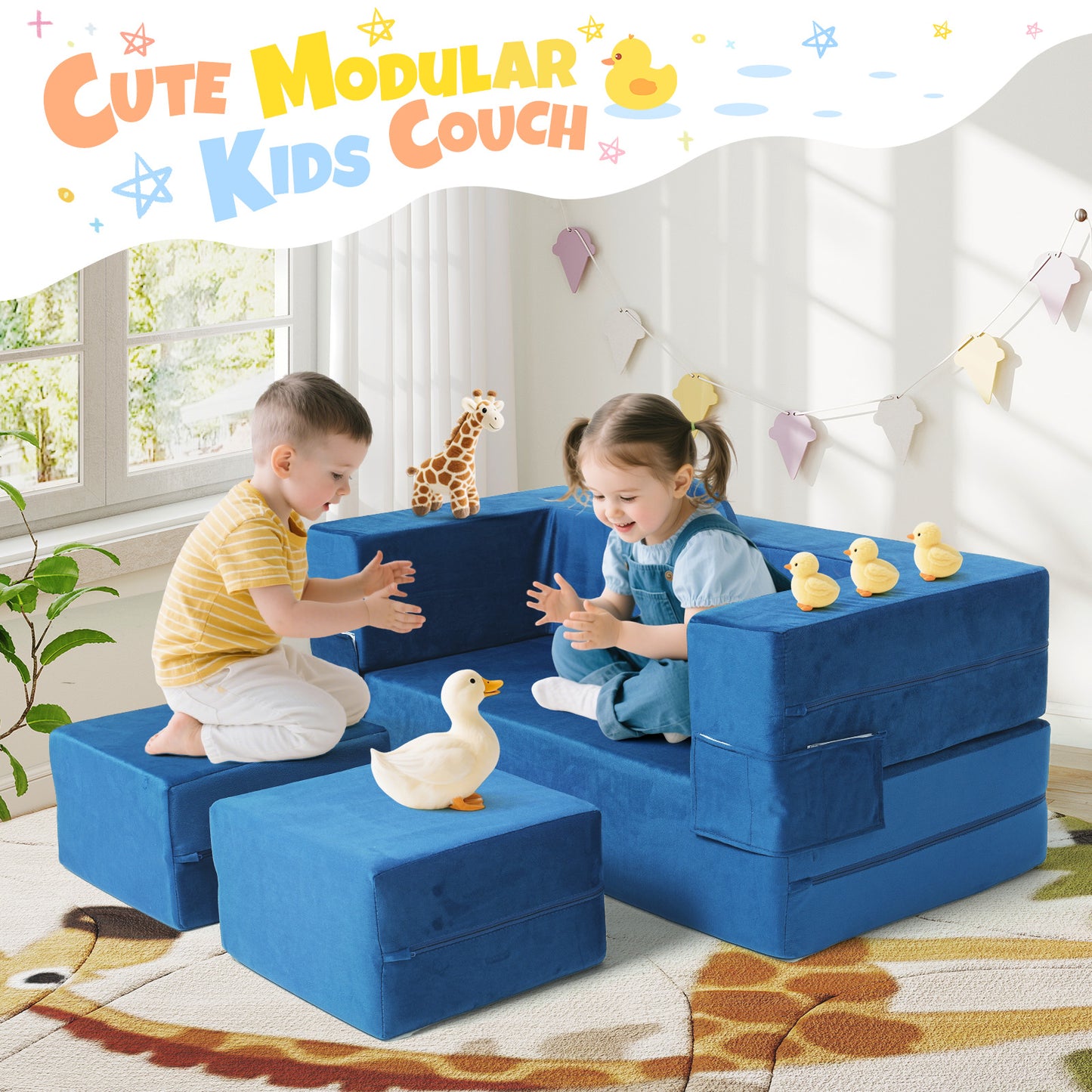 Blue Foam Play Couch - Foldable Toddler Sofa for Kids