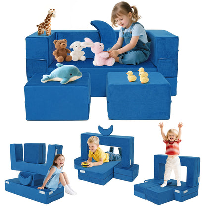 5-Piece Modular Kids Play Couch, Foldable Toddler Foam Sofa, Velvet Convertible Play Chair Floor Cushion, Soft Plush Foam Furniture for Boys Girls Playroom Bedroom