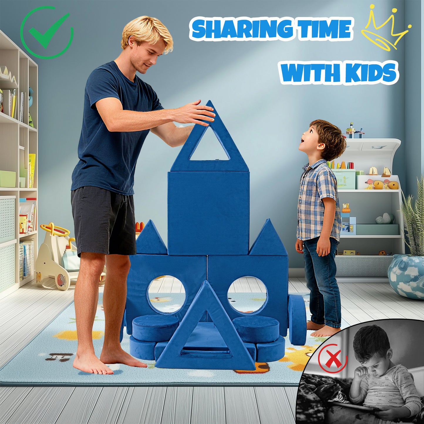 14 Piece Foam Kids Sofa - Blue Modular Play Couch for Toddlers